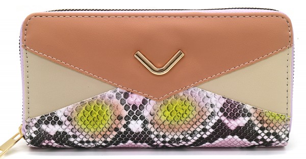 D-A13.1 WA529-033B Wallet PU Snakeskin 19.5x10x2.5cm Beige-Pink